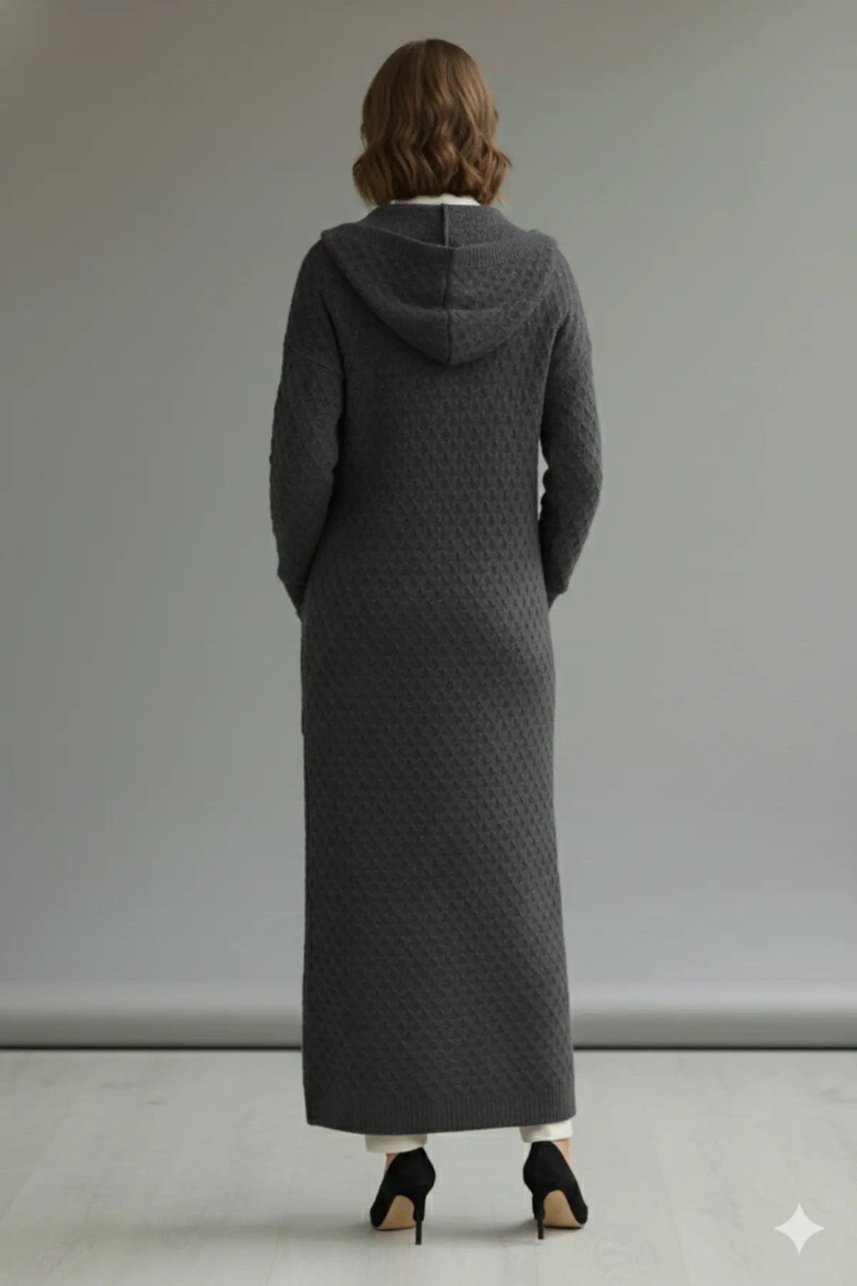 Hooded Patterned Long Knit Cardigan-detail