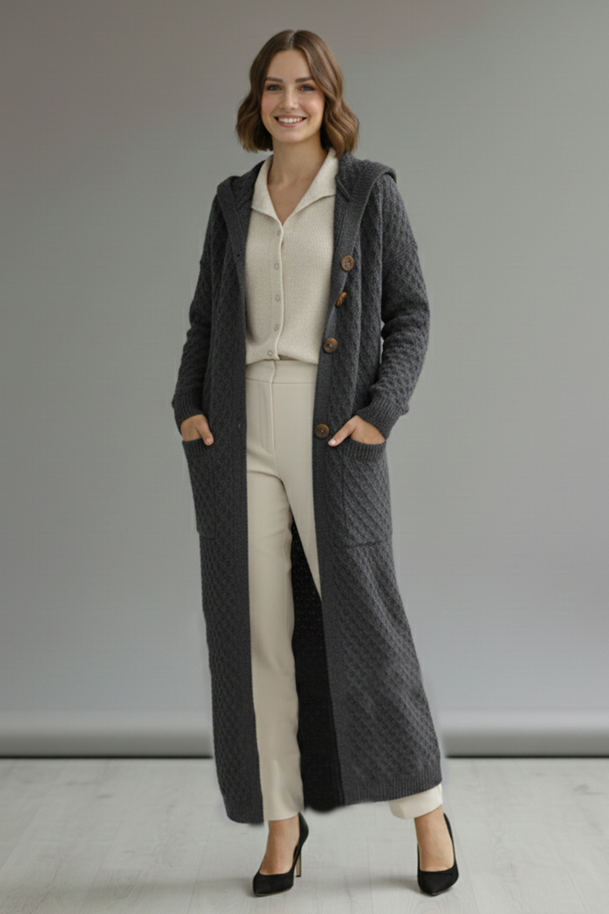 Hooded Patterned Long Knit Cardigan