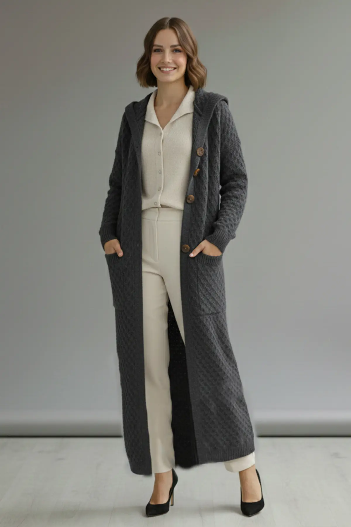 Hooded Patterned Long Knit Cardigan