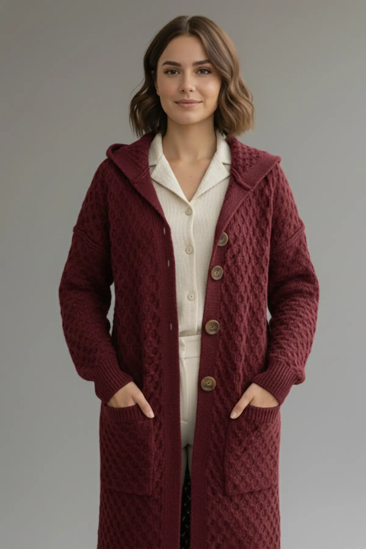 Hooded Patterned Long Knit Cardigan-detail