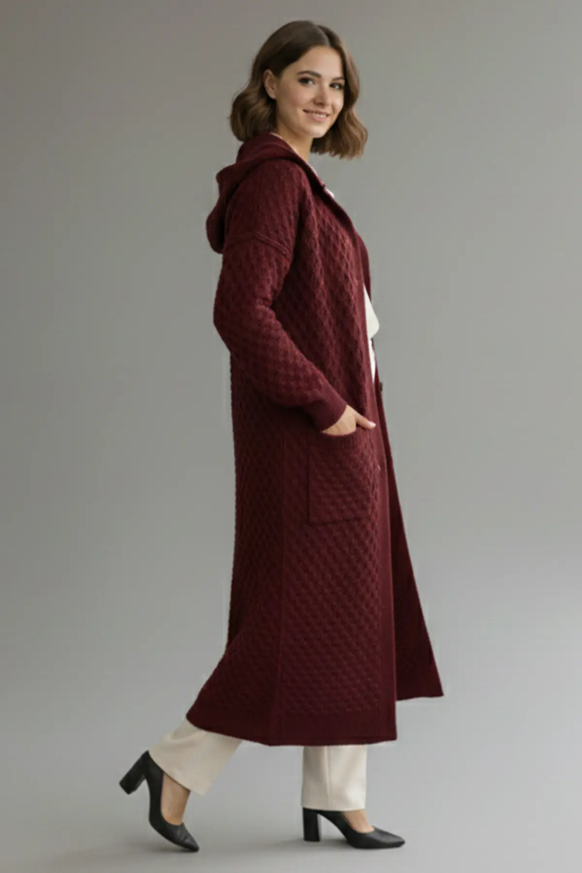 Hooded Patterned Long Knit Cardigan-detail