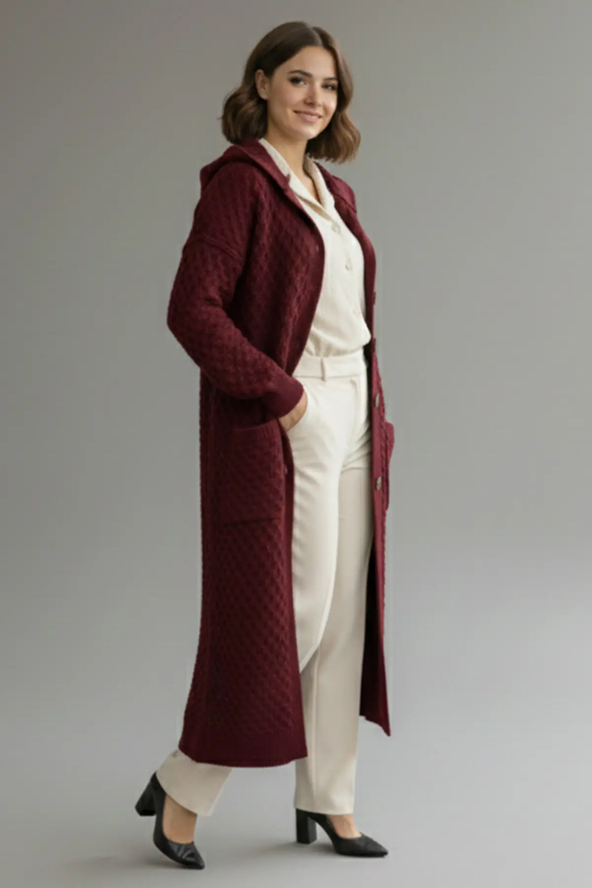 Hooded Patterned Long Knit Cardigan-detail