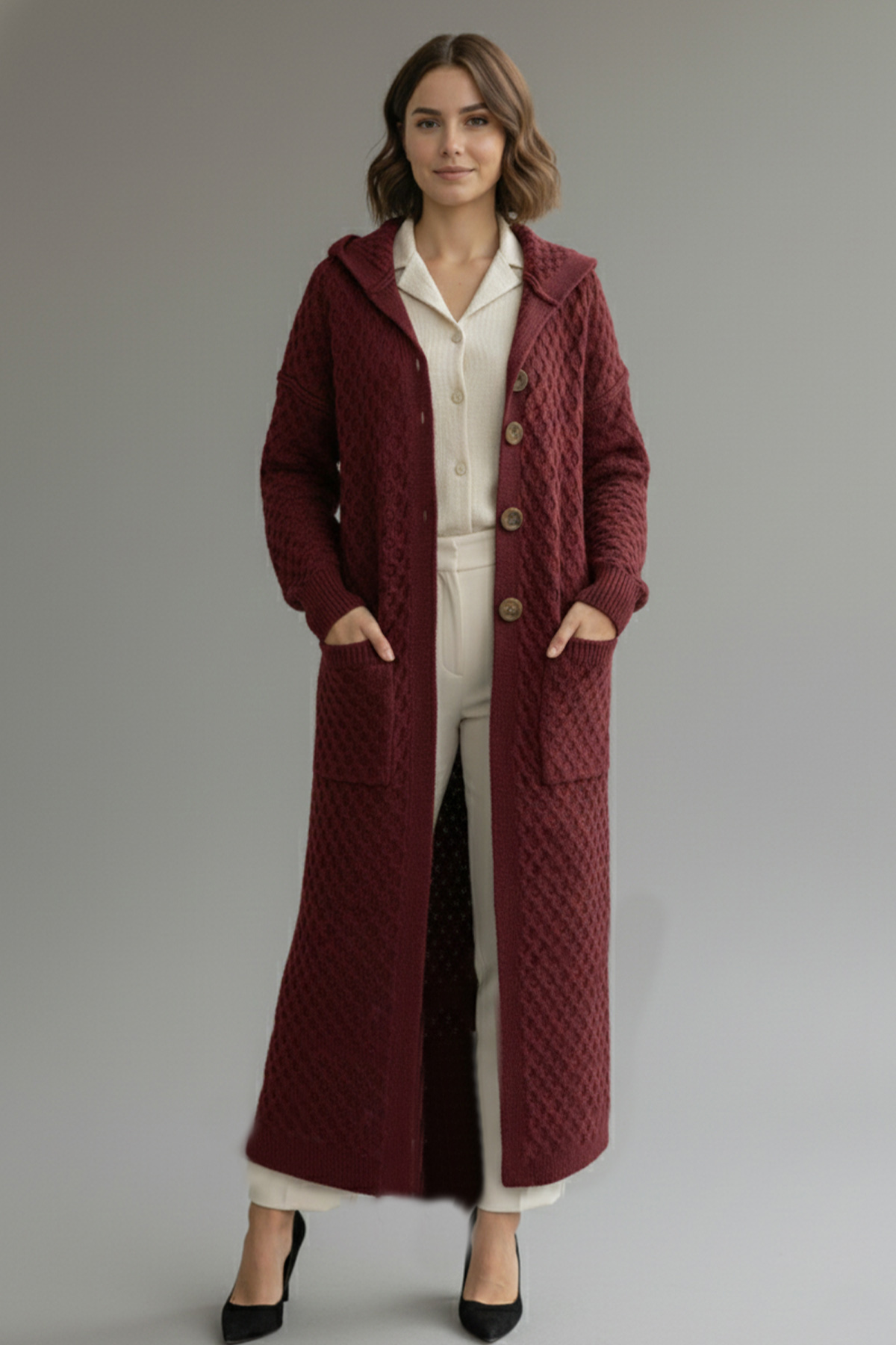Hooded Patterned Long Knit Cardigan