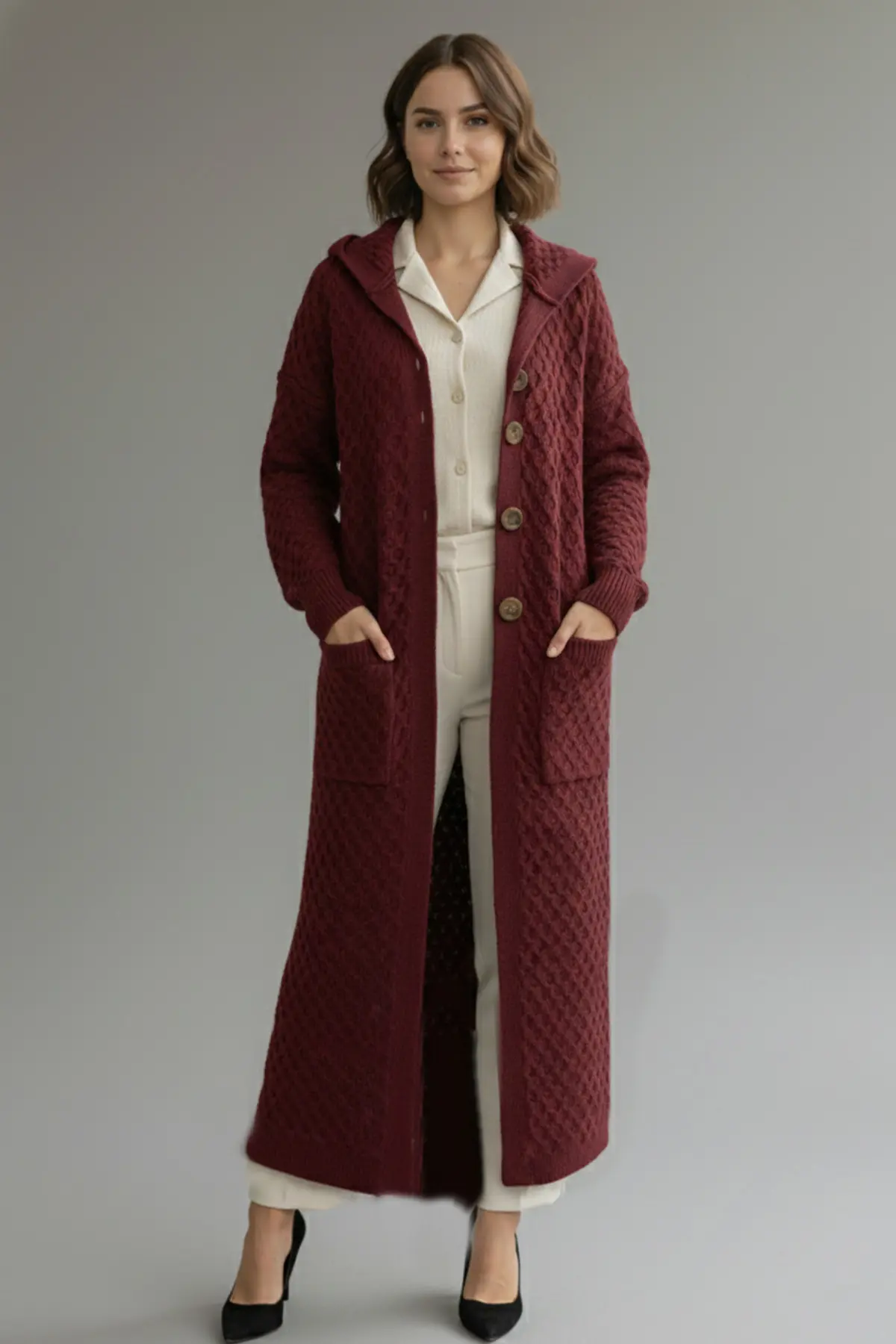 Hooded Patterned Long Knit Cardigan