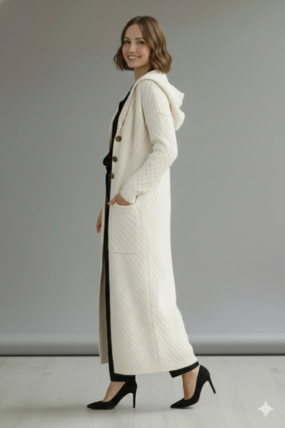 Hooded Patterned Long Knit Cardigan-detail