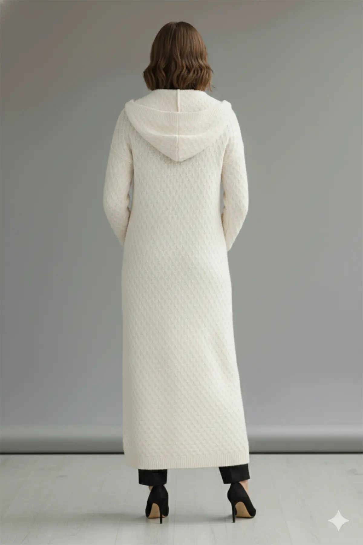 Hooded Patterned Long Knit Cardigan-detail