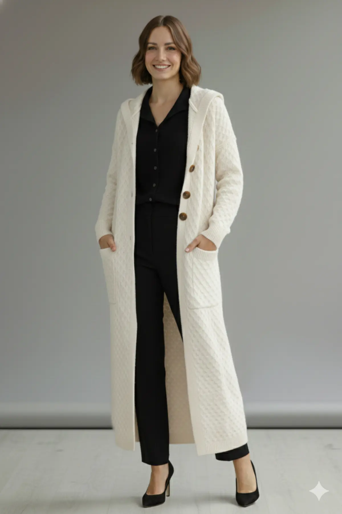 Hooded Patterned Long Knit Cardigan