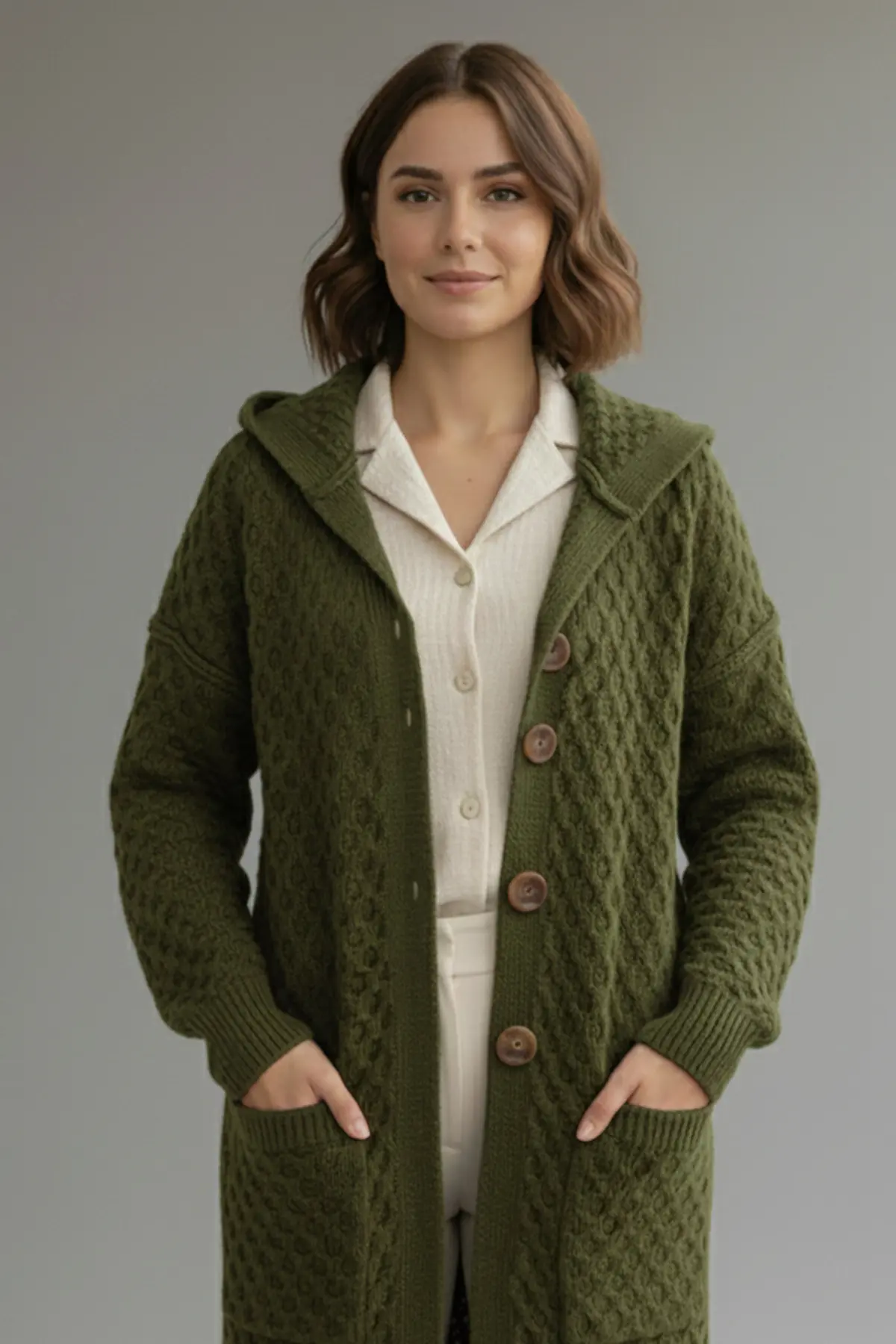 Hooded Patterned Long Knit Cardigan-detail