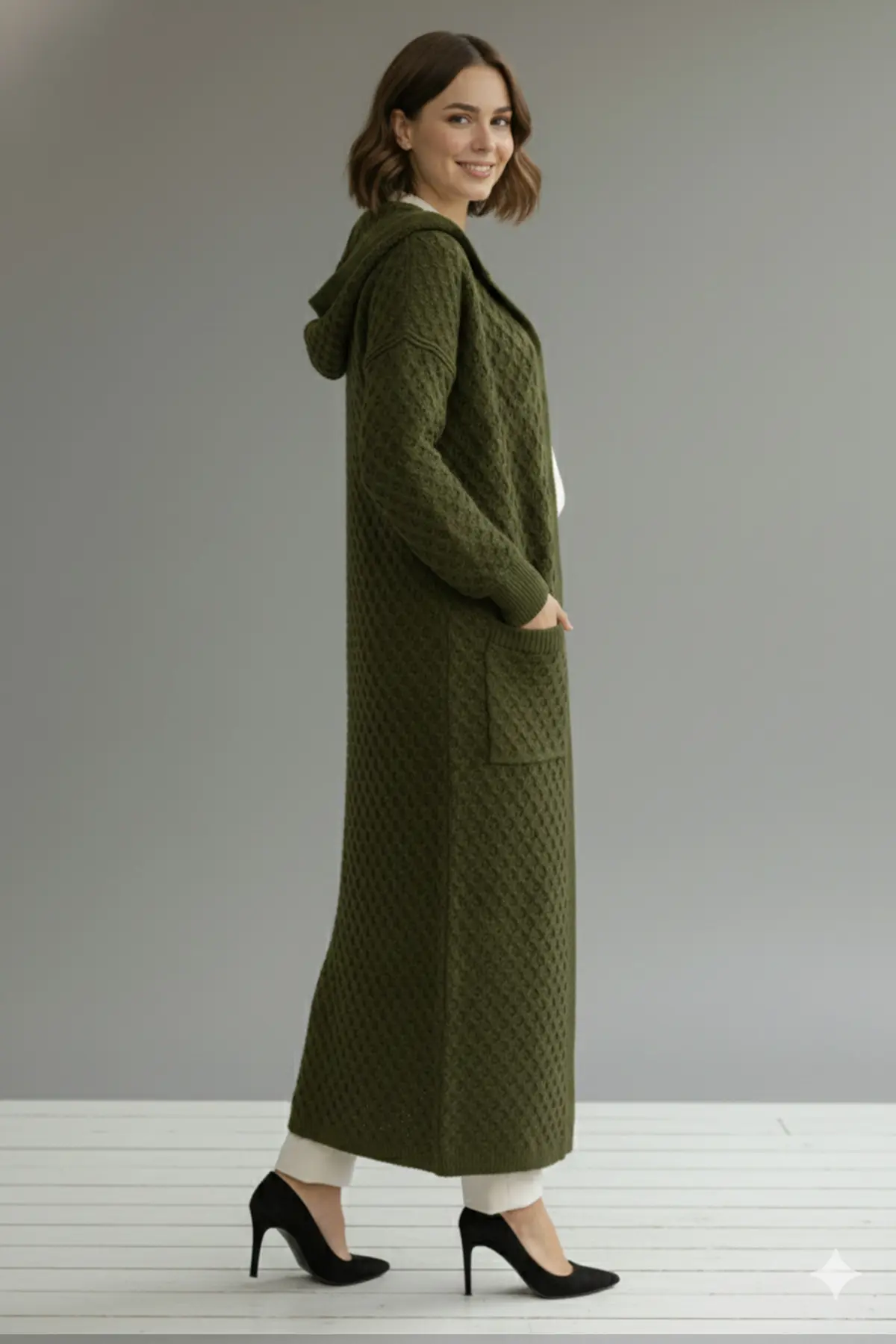 Hooded Patterned Long Knit Cardigan-detail