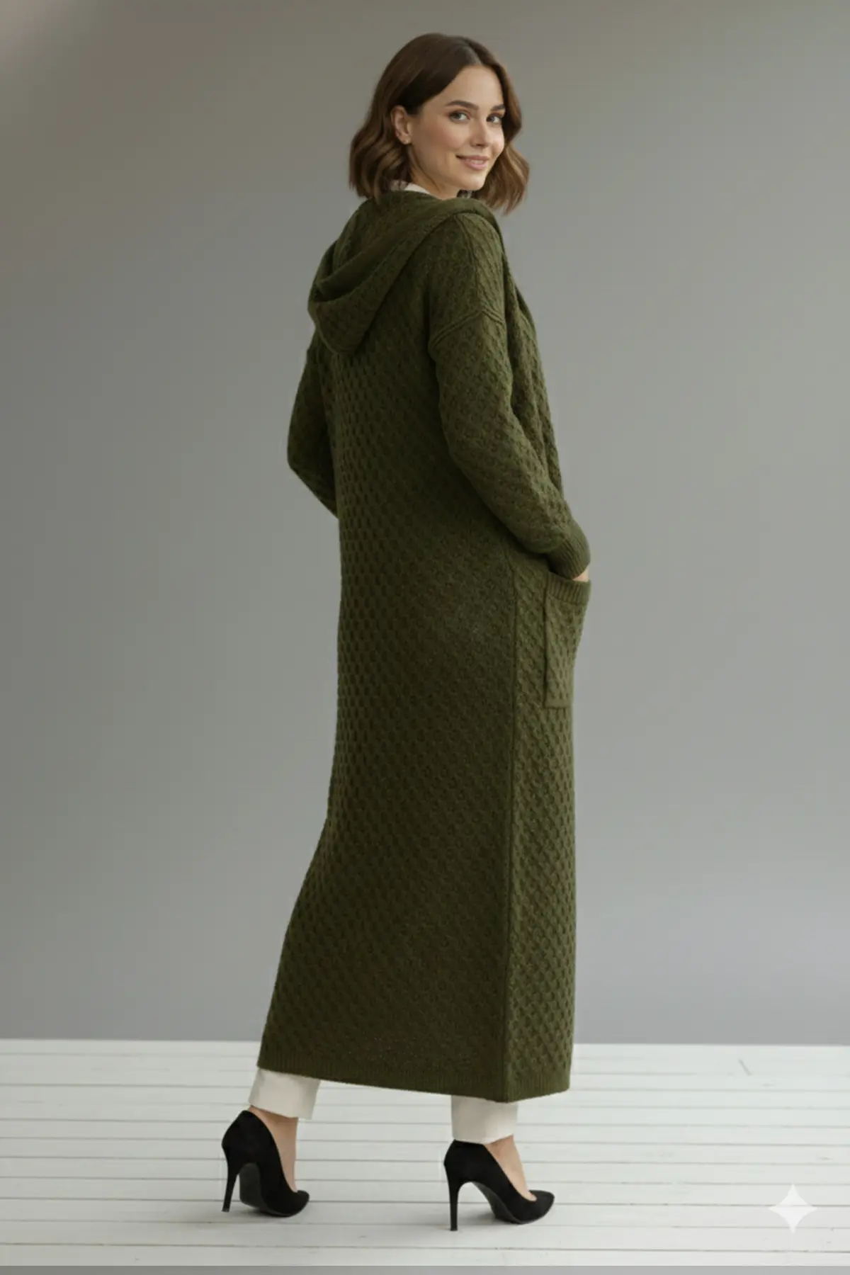 Hooded Patterned Long Knit Cardigan-detail