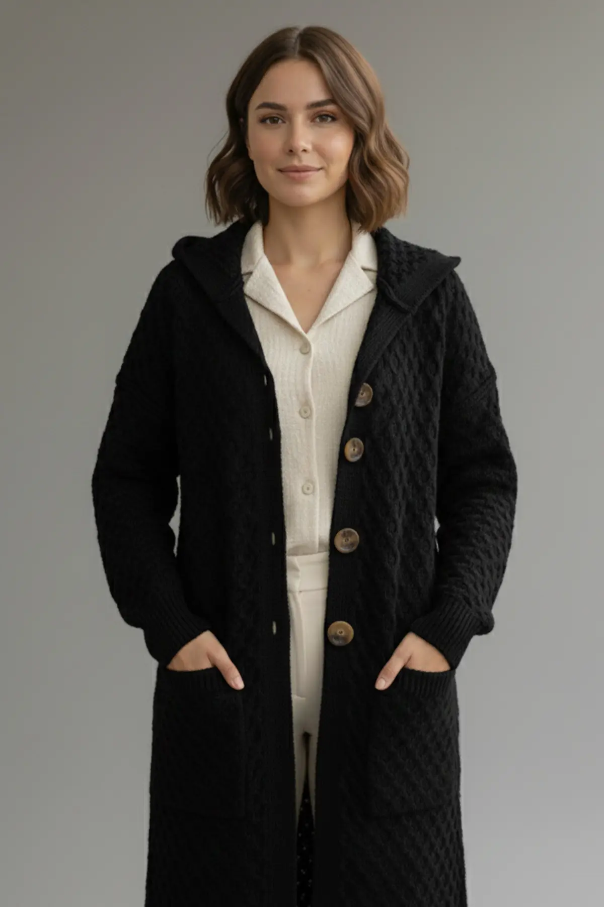 Hooded Patterned Long Knit Cardigan-detail