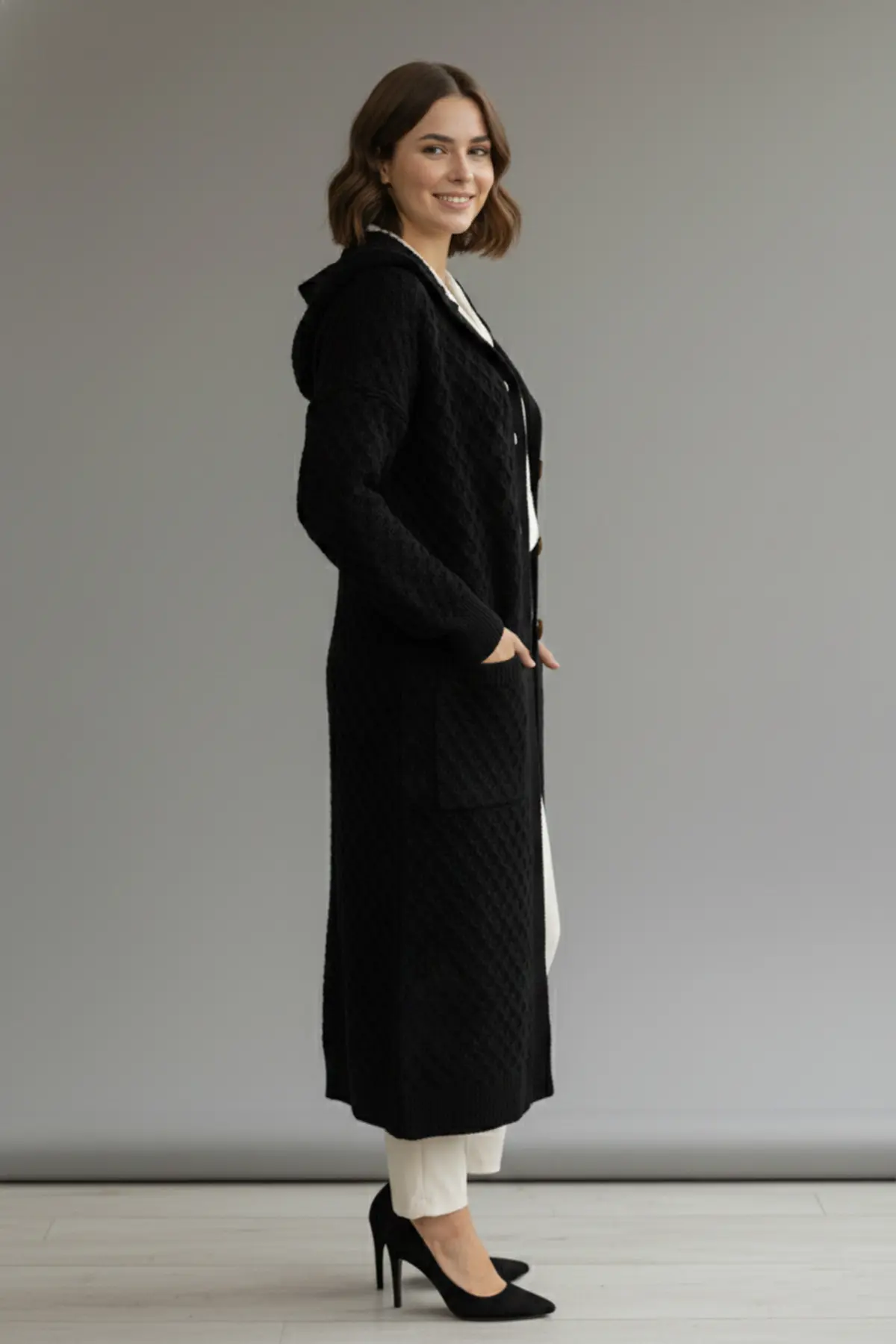 Hooded Patterned Long Knit Cardigan-detail