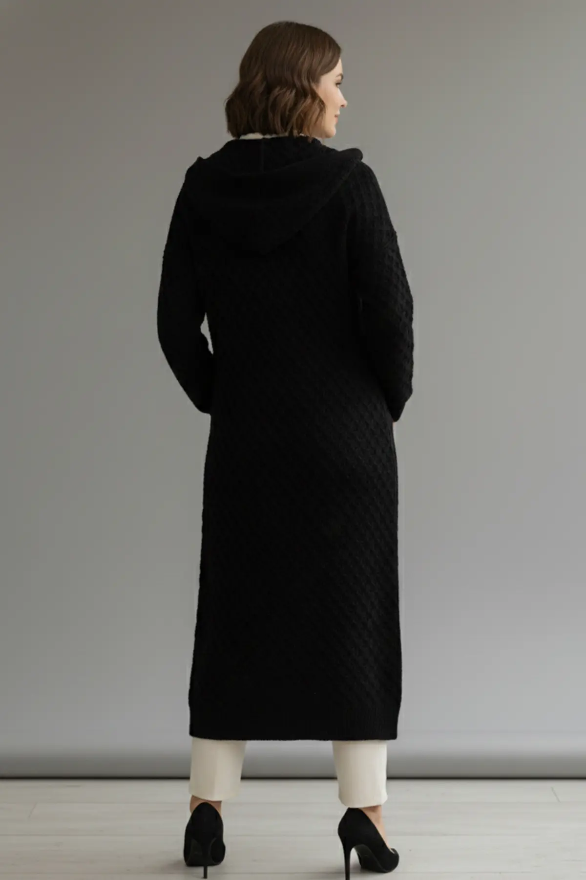 Hooded Patterned Long Knit Cardigan-detail