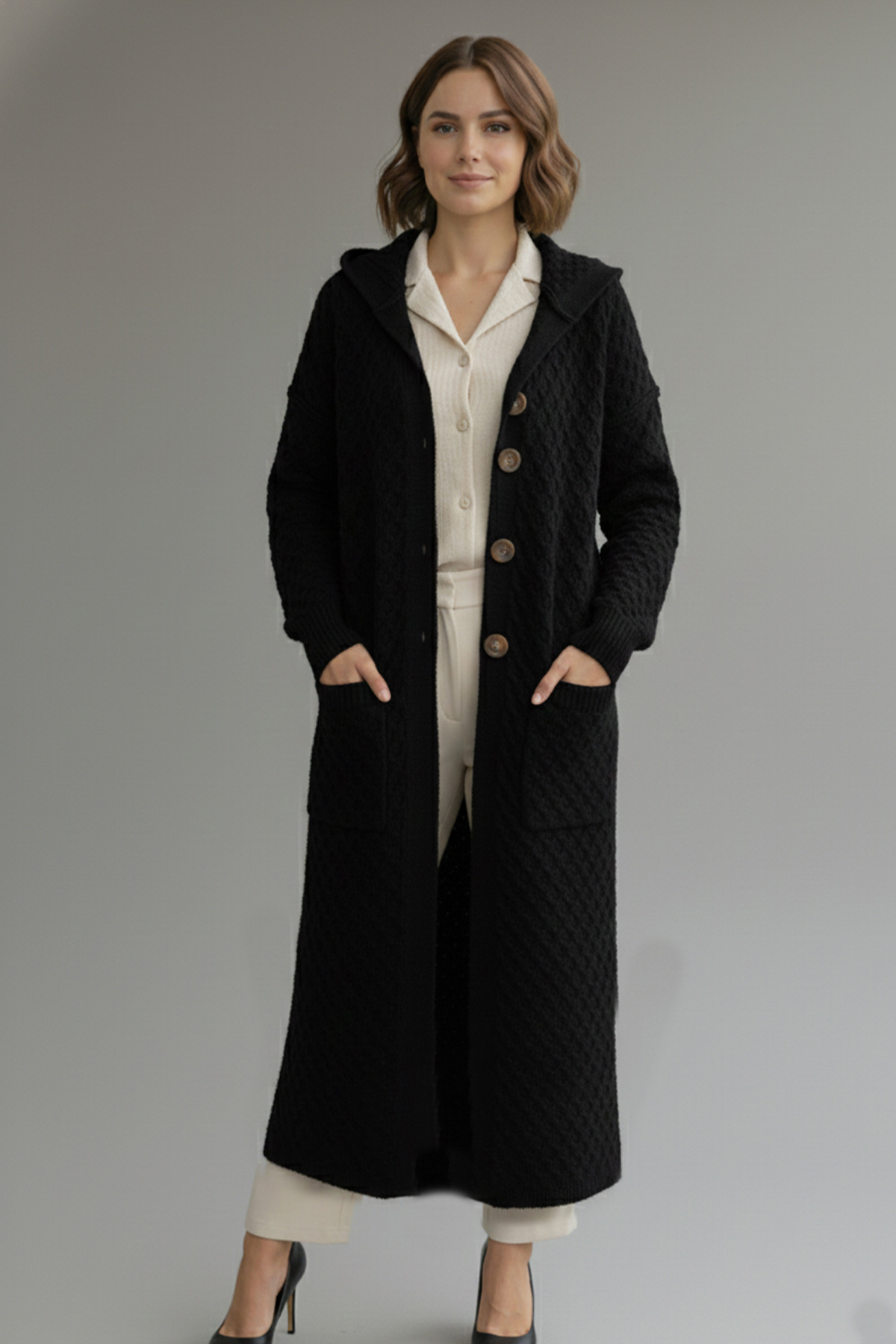 Hooded Patterned Long Knit Cardigan