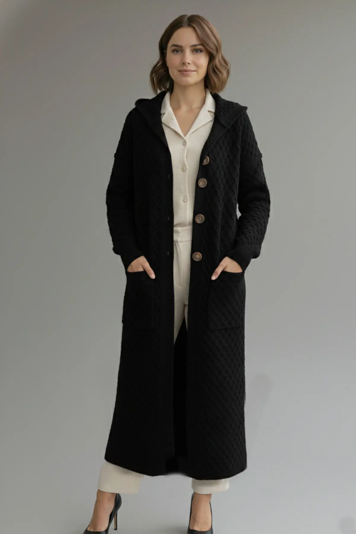 Hooded Patterned Long Knit Cardigan