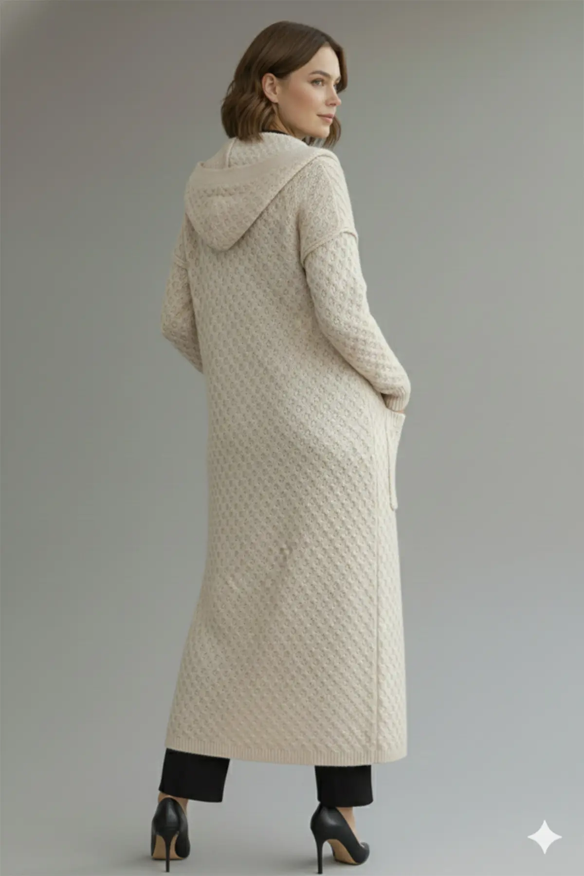 Hooded Patterned Long Knit Cardigan-detail