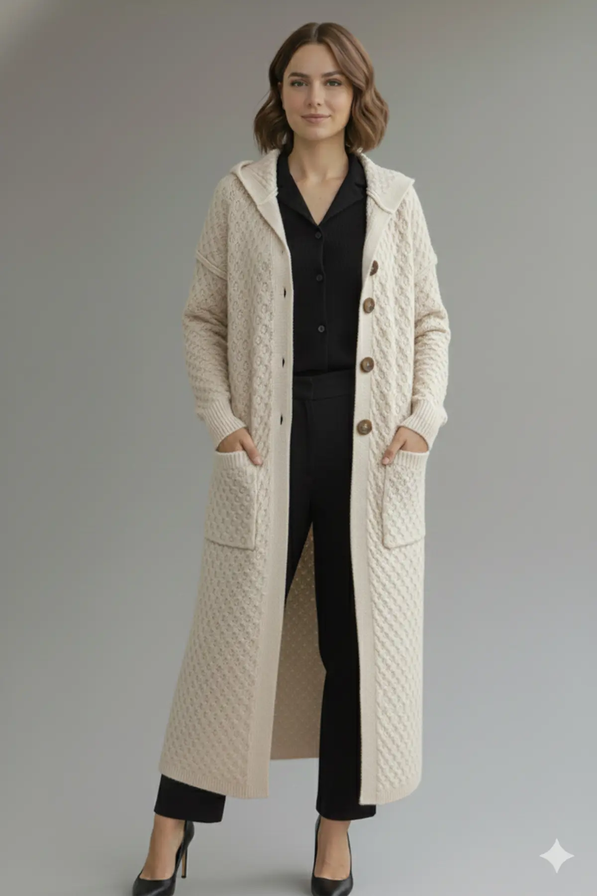 Hooded Patterned Long Knit Cardigan
