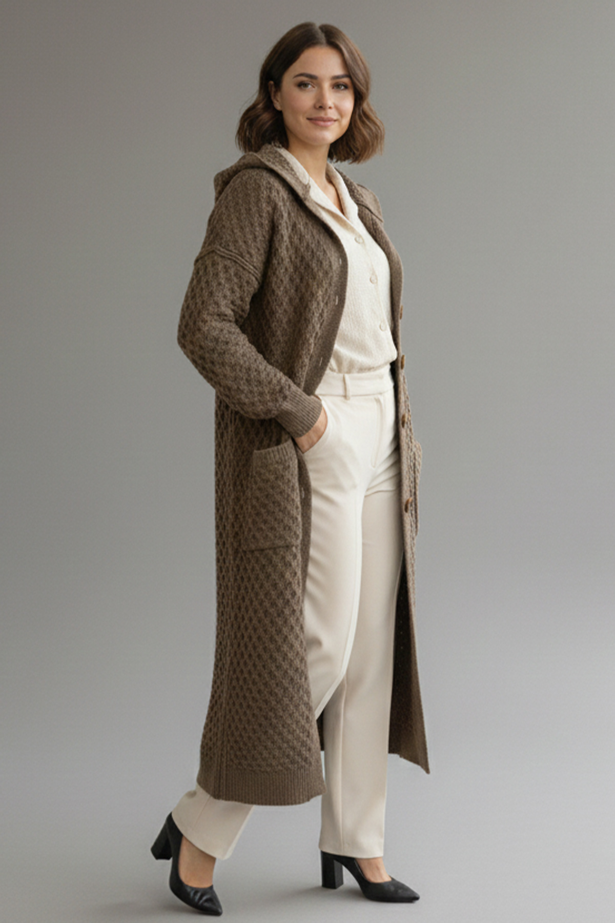 Hooded Patterned Long Knit Cardigan
