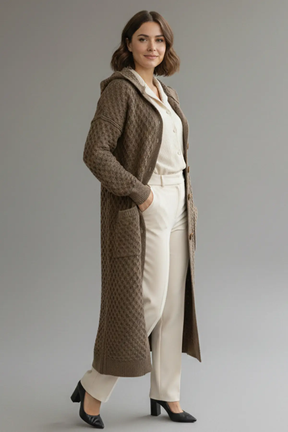 Hooded Patterned Long Knit Cardigan