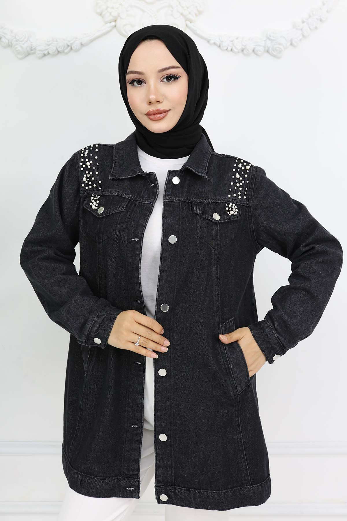 İnci Detaylı Kot Ceket Siyah 7807