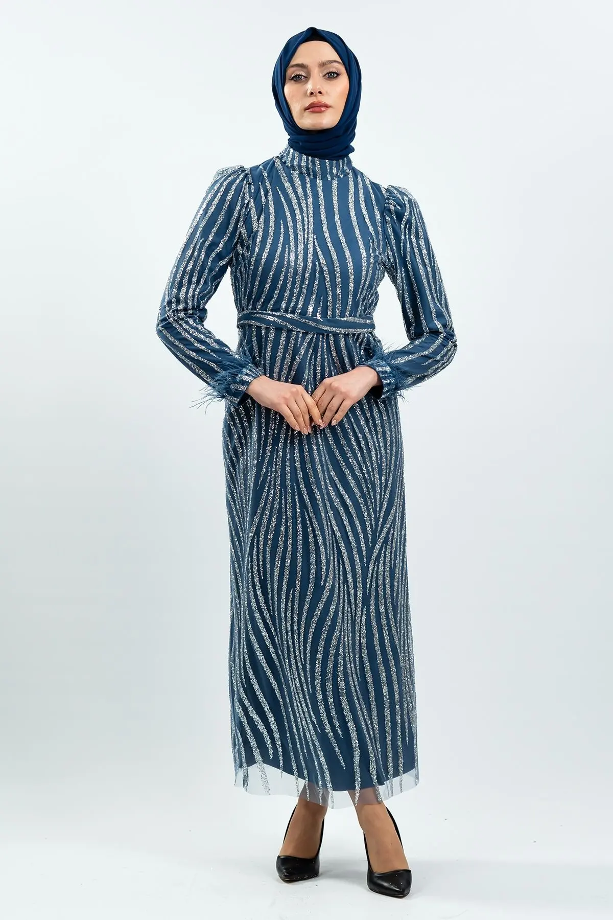 Indıgo Color Silvery Evening Dress-detail