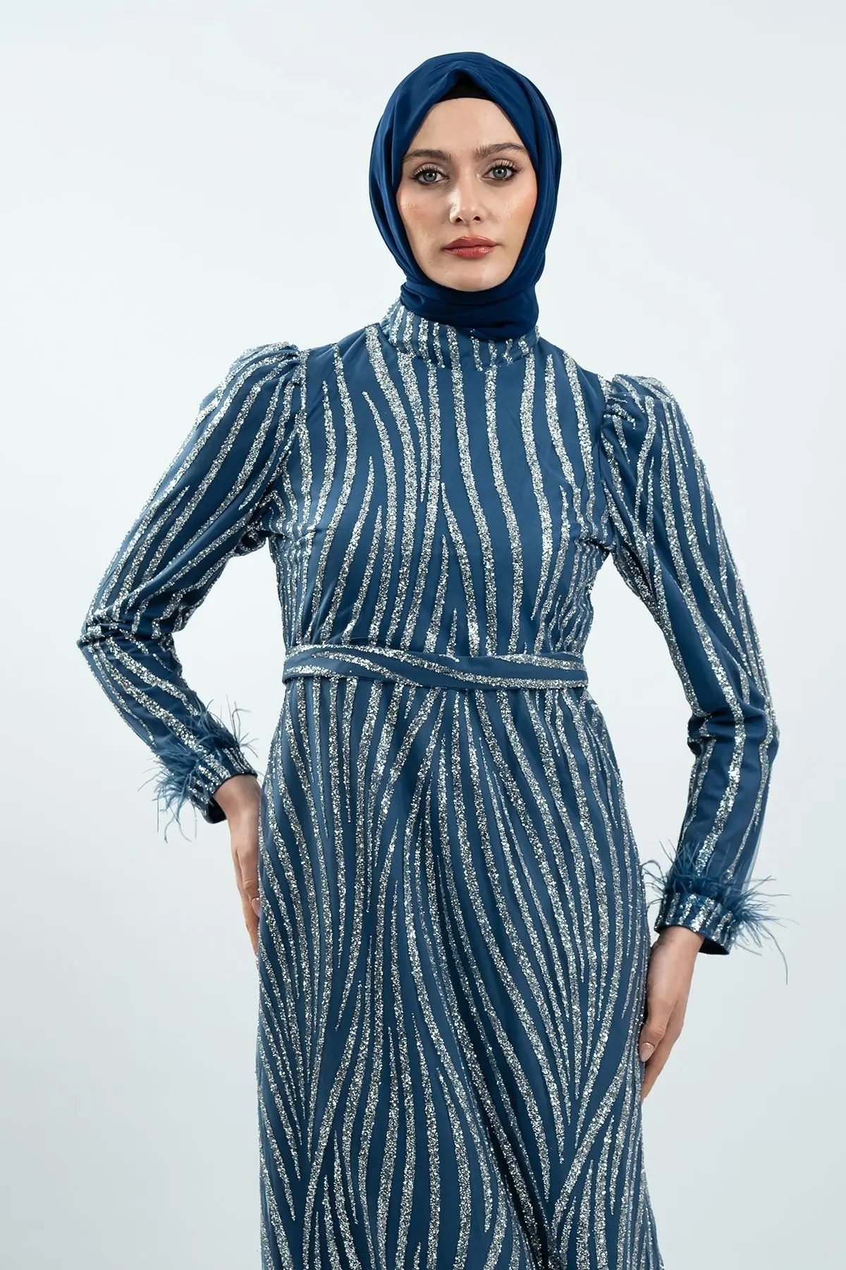 Indıgo Color Silvery Evening Dress-detail