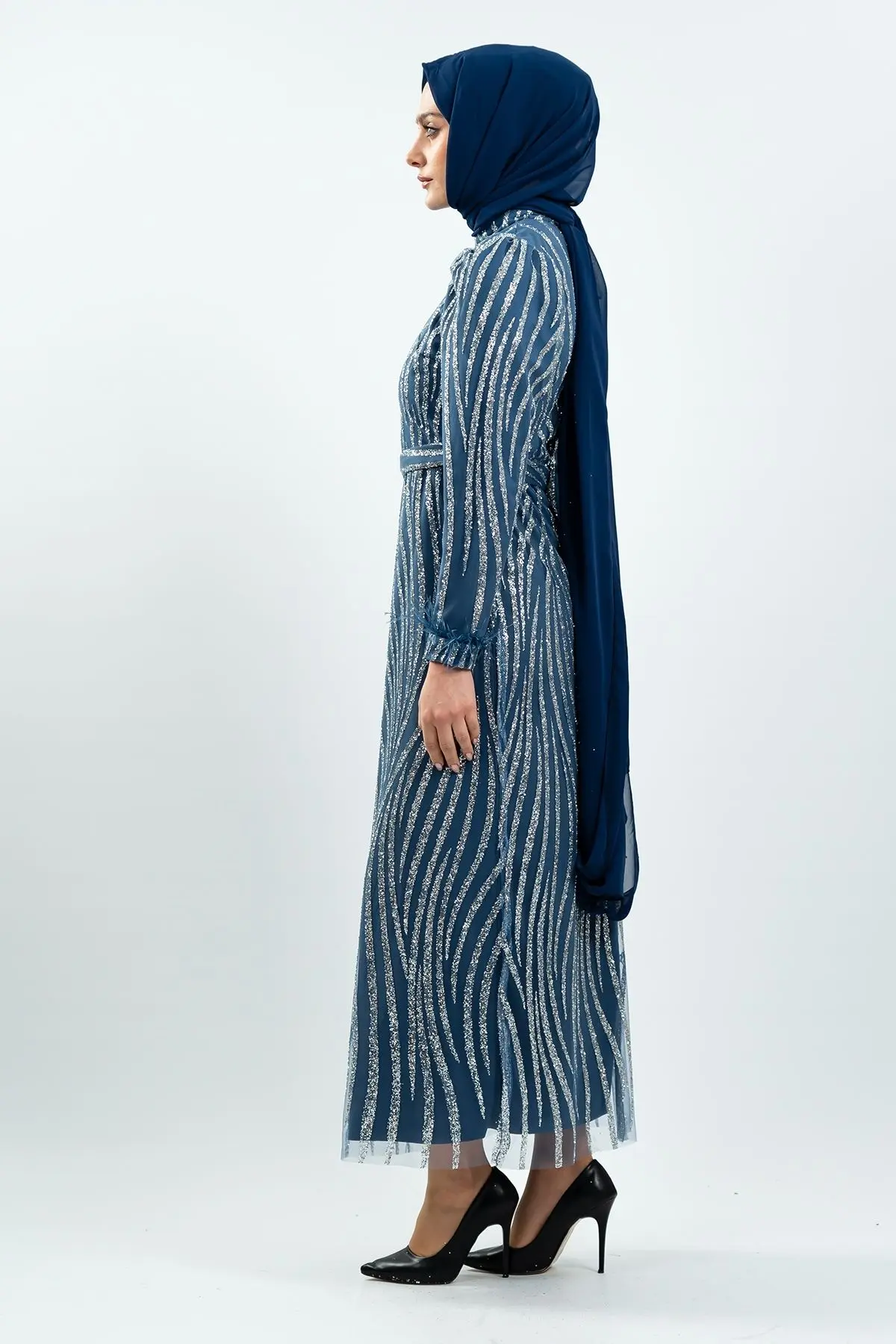 Indıgo Color Silvery Evening Dress-detail