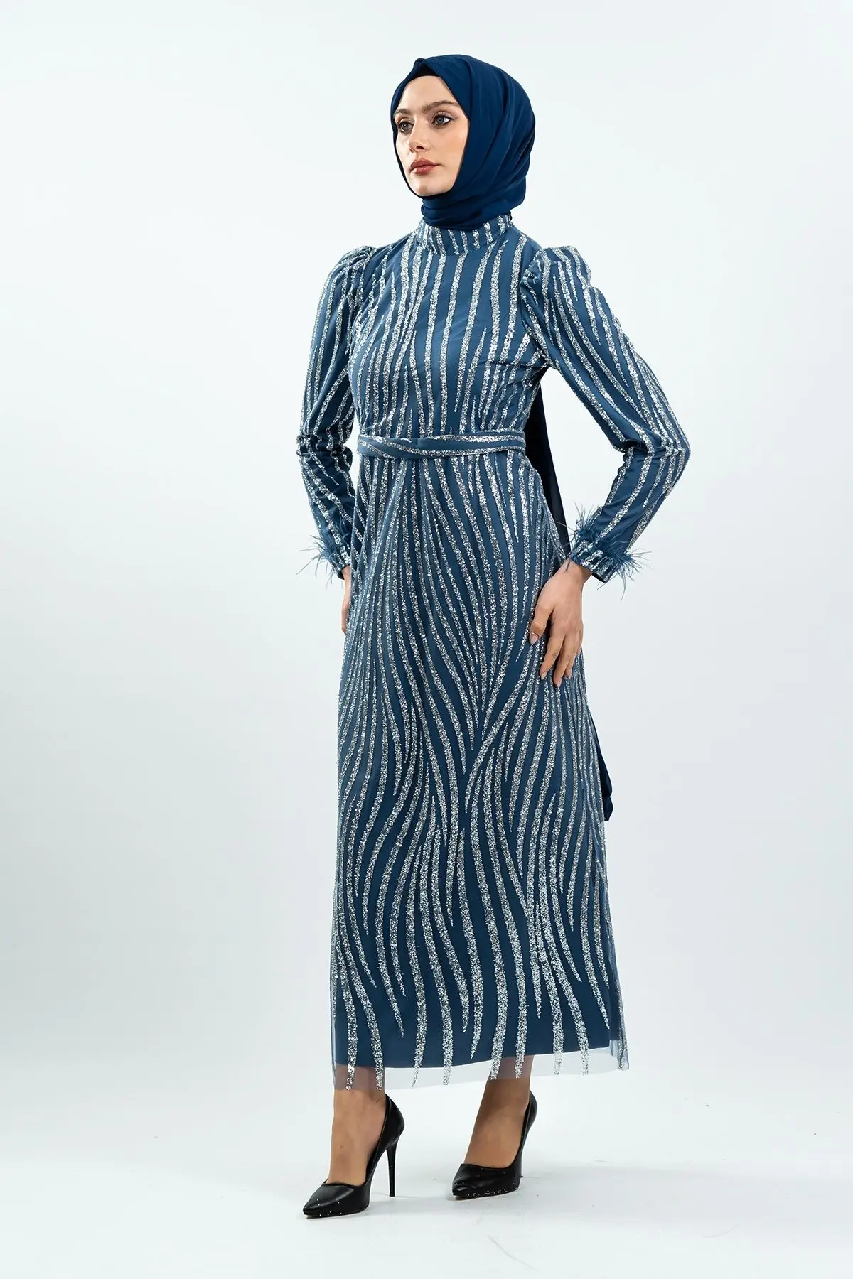 Indıgo Color Silvery Evening Dress-detail