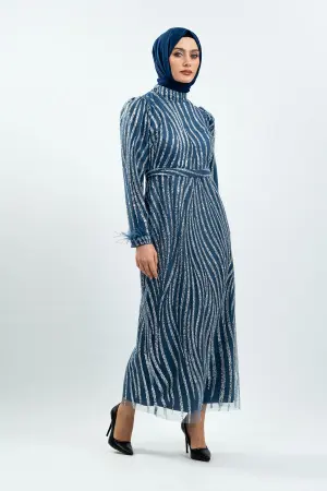 Indıgo Color Silvery Evening Dress