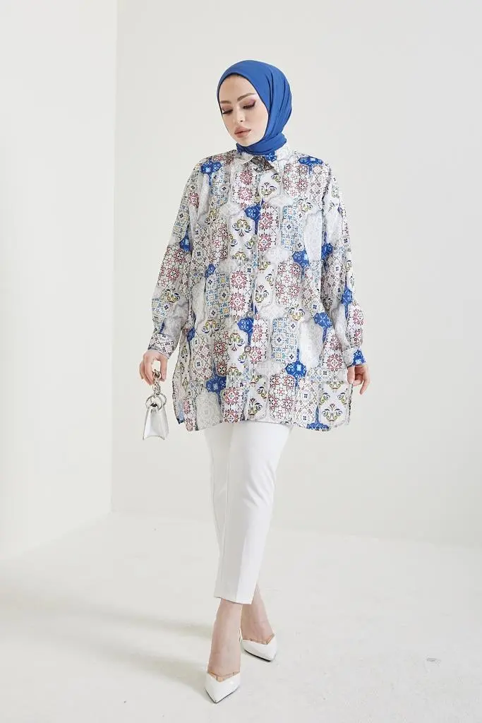 Indigo Patterned Hijab Shirt 