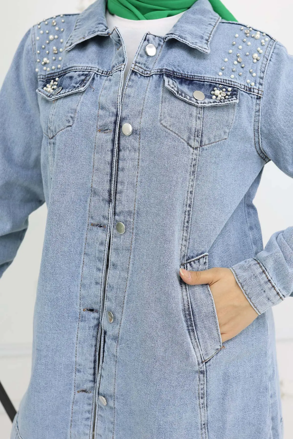 İnci Detaylı Kot Ceket Mavi 7807-detail