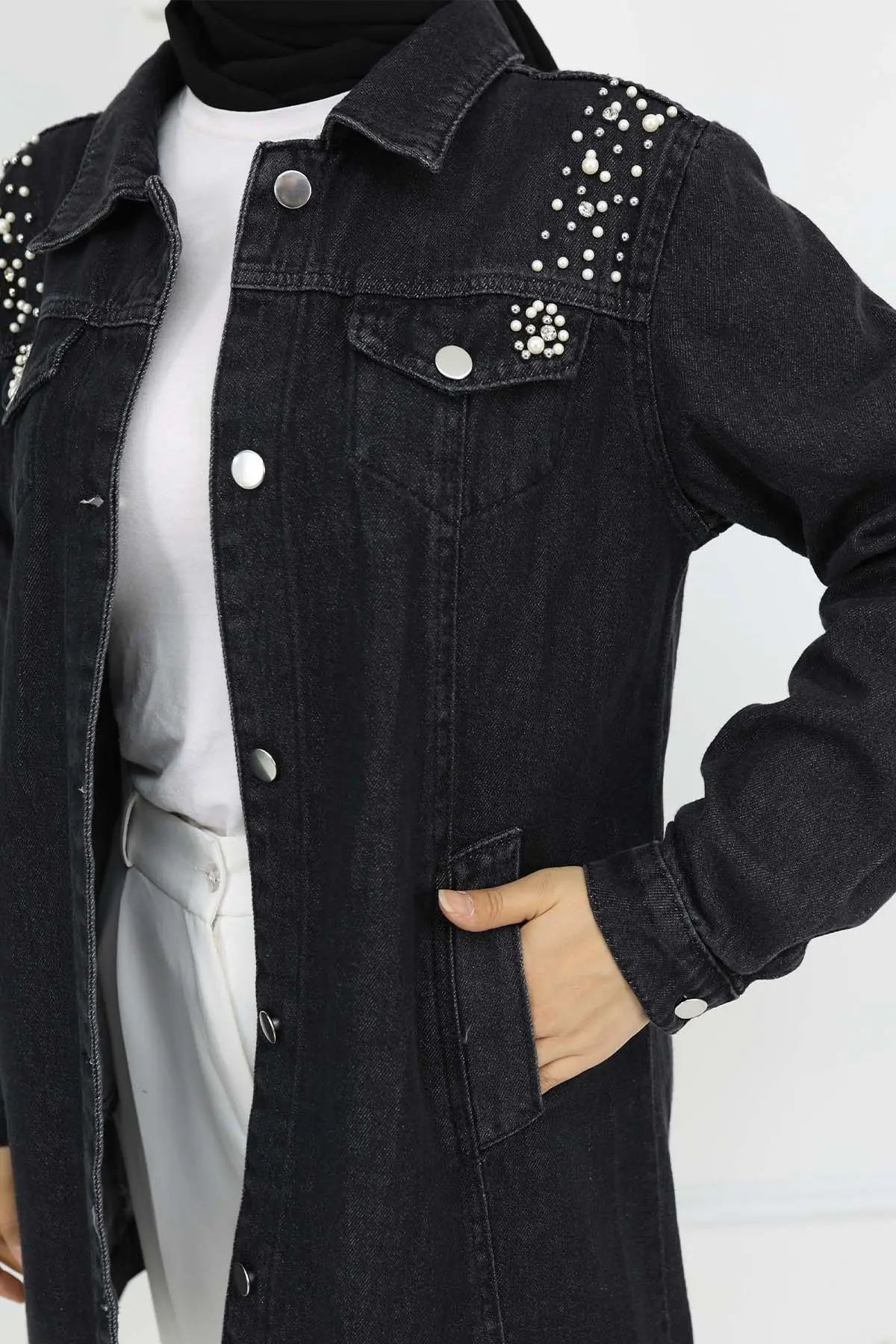 İnci Detaylı Kot Ceket Siyah 7807-detail