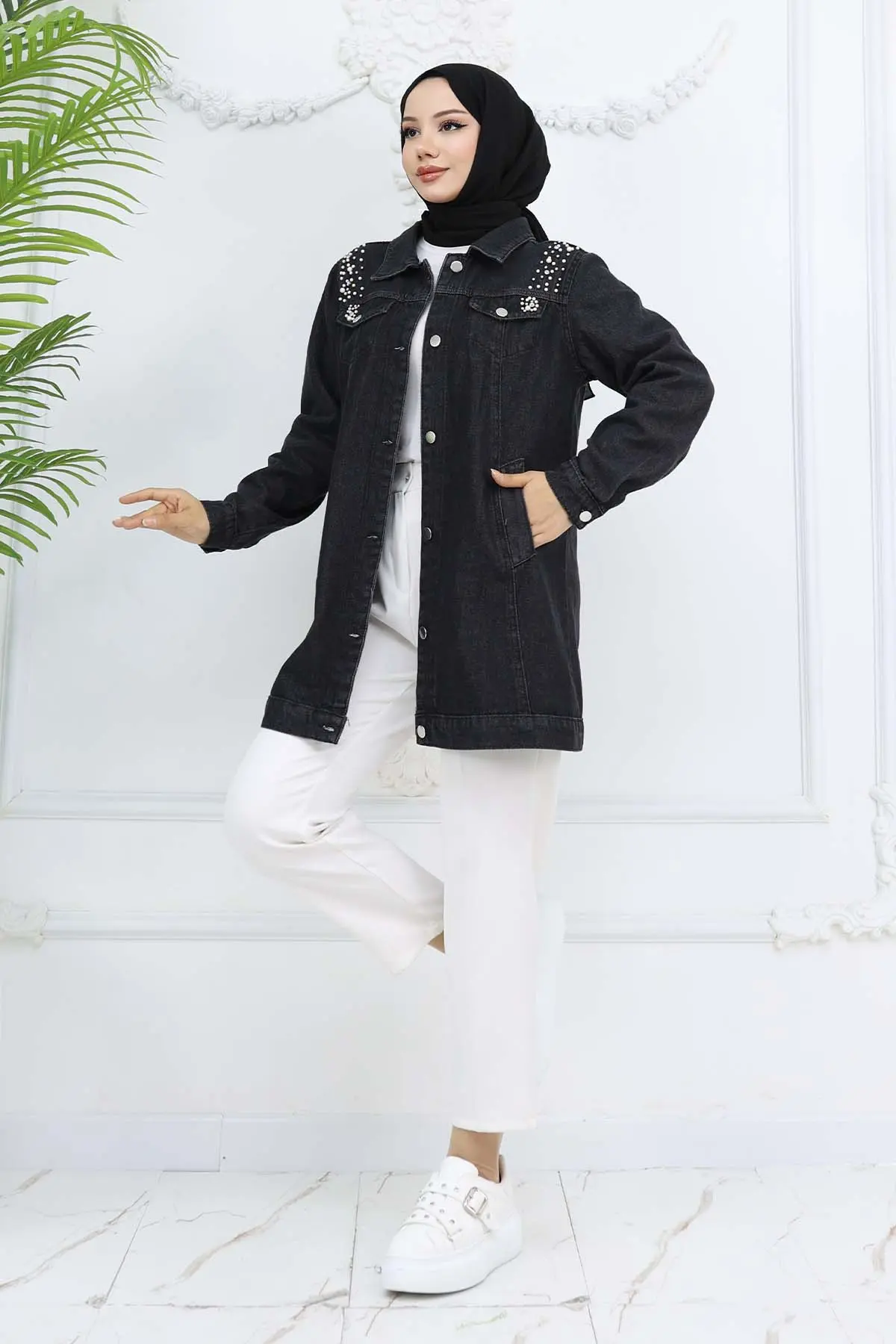 İnci Detaylı Kot Ceket Siyah 7807-detail