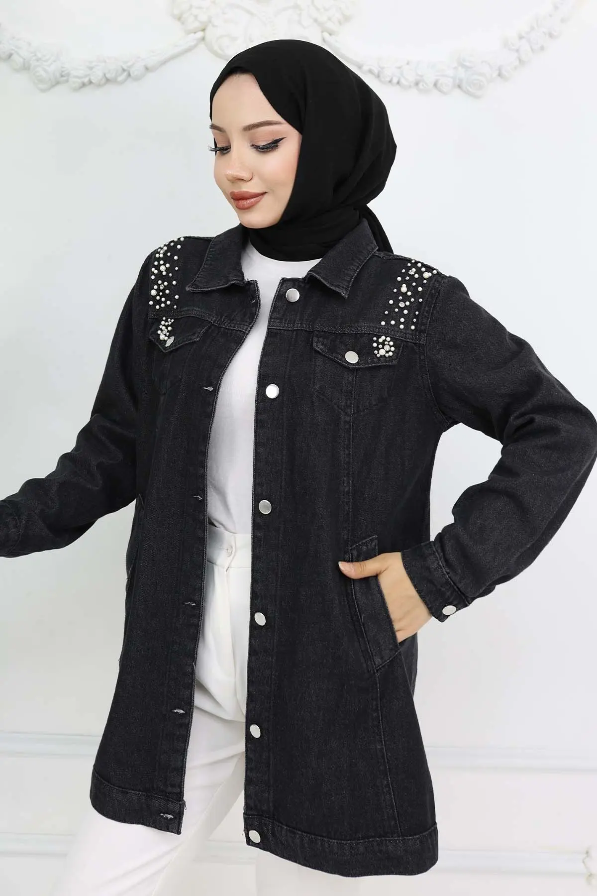İnci Detaylı Kot Ceket Siyah 7807-detail