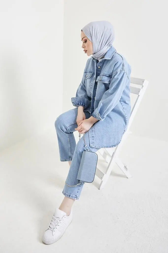 Jacket Trousers Hijab Double Denim Suit Blue-detail