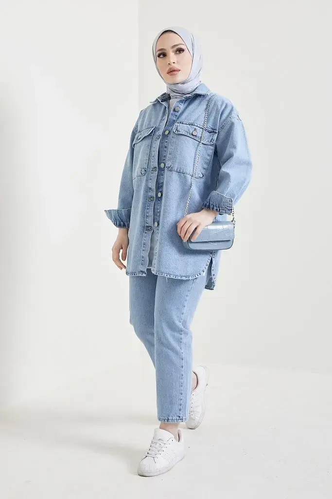 Jacket Trousers Hijab Double Denim Suit Blue