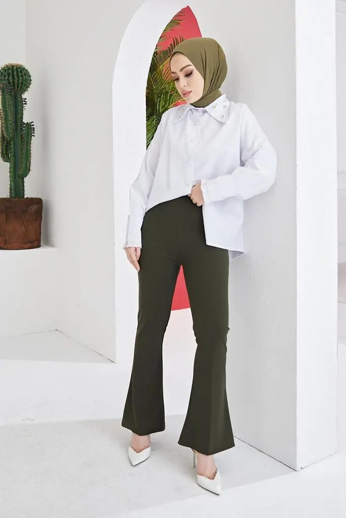 Khaki Spanish Cuffed Fabric Trousers-detail