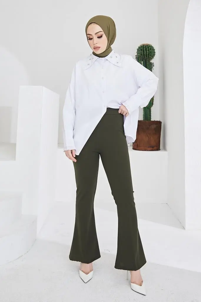 Khaki Spanish Cuffed Fabric Trousers-detail