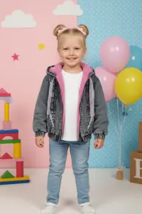 Kids' Pink Fleece Lined Hooded Denim Jacket
