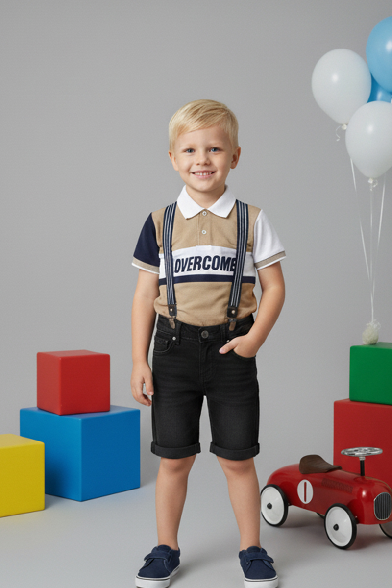 Kids Polo Shirt And Suspender Detail Denim Shorts 2 Set