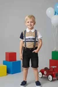 Kids Polo Shirt And Suspender Detail Denim Shorts 2 Set