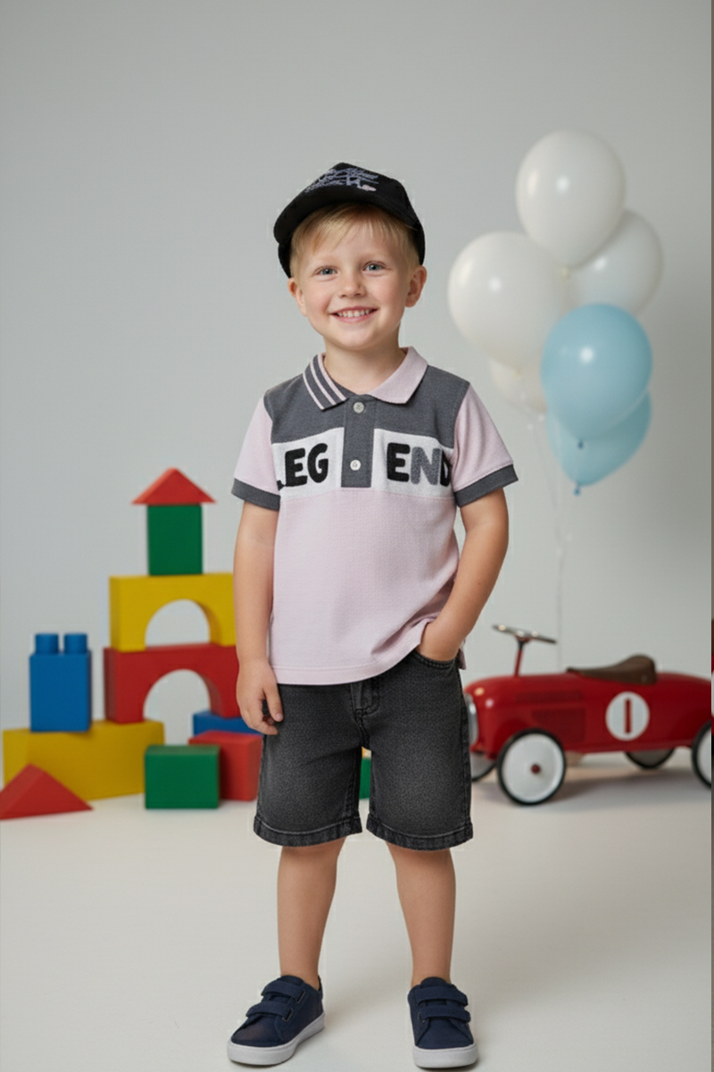 Kids' Stylish Polo Tee & Washed Black Shorts 2-set Outfit