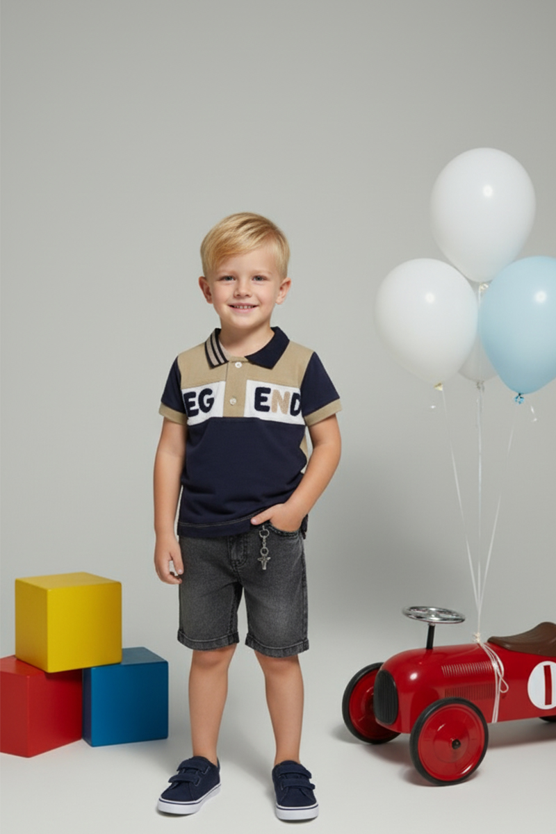 Kids' Stylish Polo Tee & Washed Black Shorts 2-set Outfit
