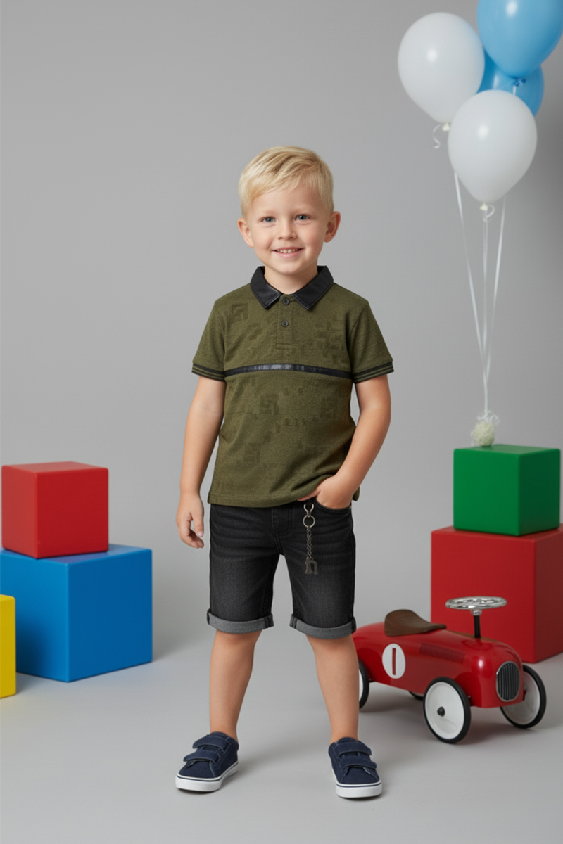 Kids' Stylish Polo Tee & Washed Black Shorts Two-piece Outfit