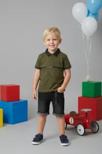 Kids' Stylish Polo Tee & Washed Black Shorts Two-piece Outfit