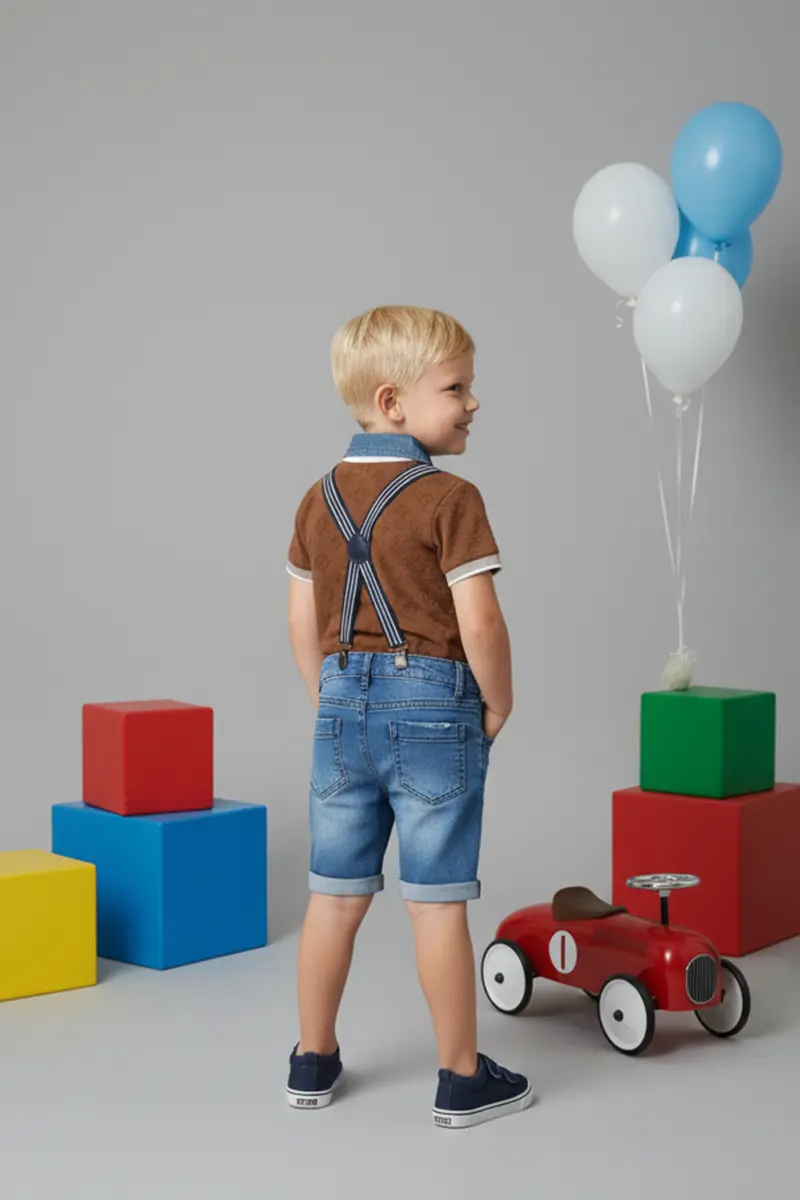 Kids' Textured Polo Tee And Jean Shorts Outfit With Braces-detail