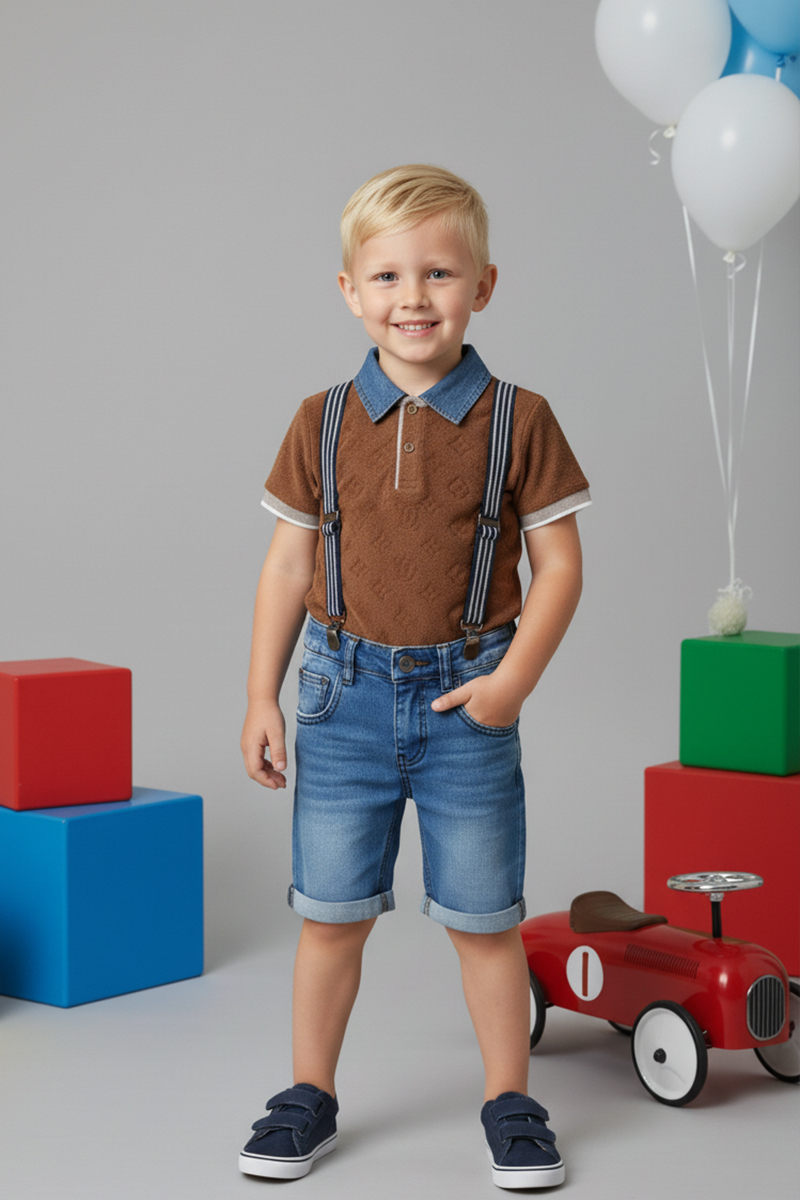 Kids' Textured Polo Tee And Jean Shorts Outfit With Braces