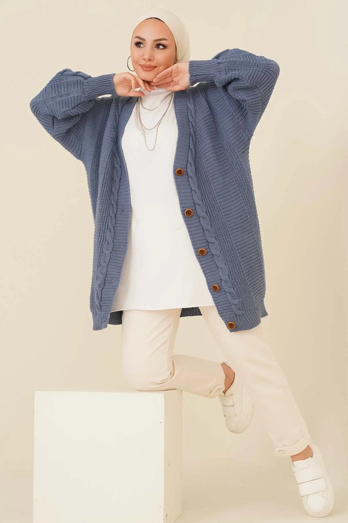 Knıt Patterned Button Front Indıgo Cardıgan-detail