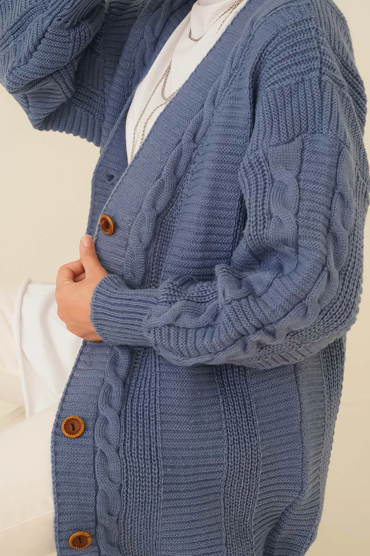 Knıt Patterned Button Front Indıgo Cardıgan-detail