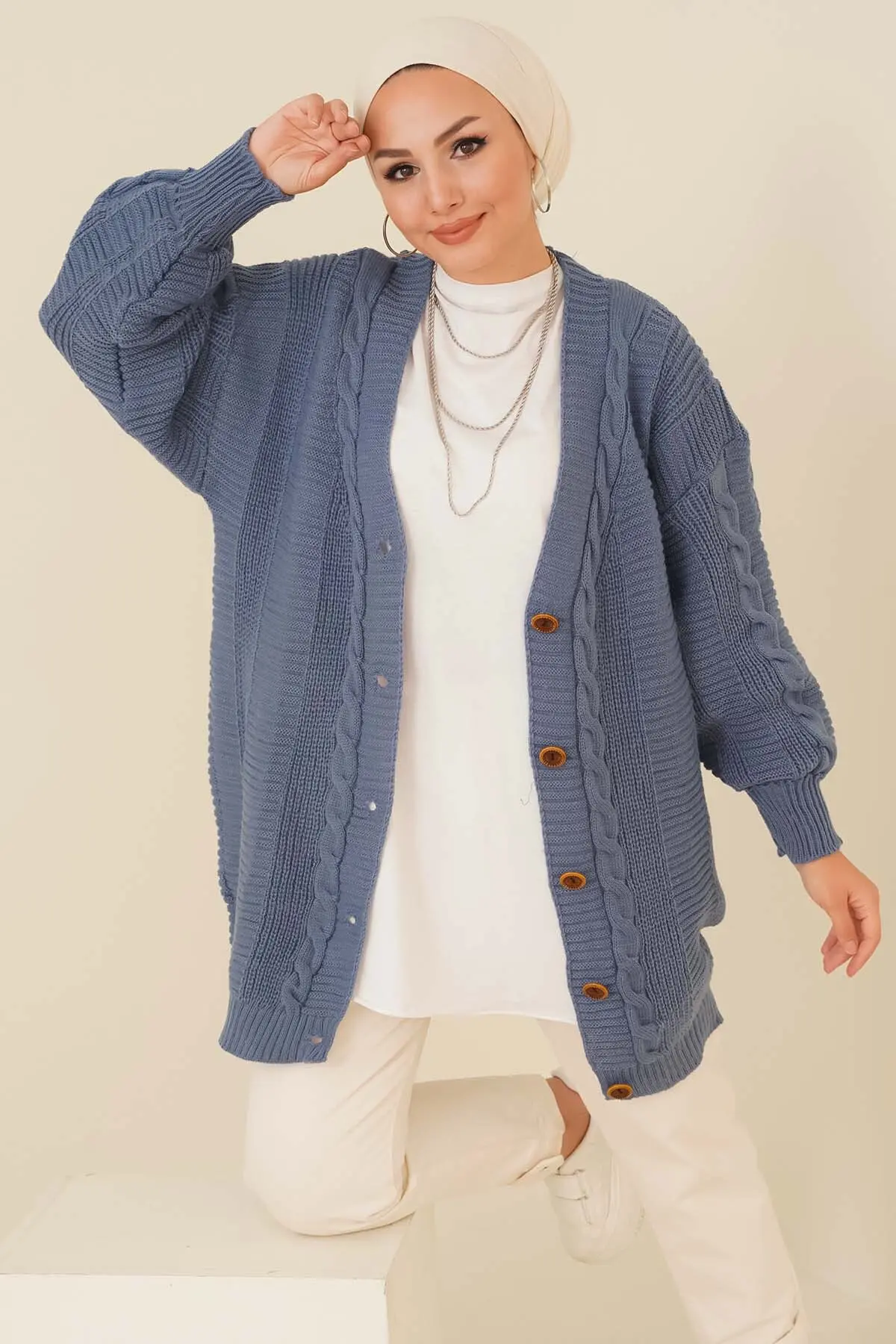 KNIT PATTERNED BUTTON FRONT INDIGO CARDIGAN